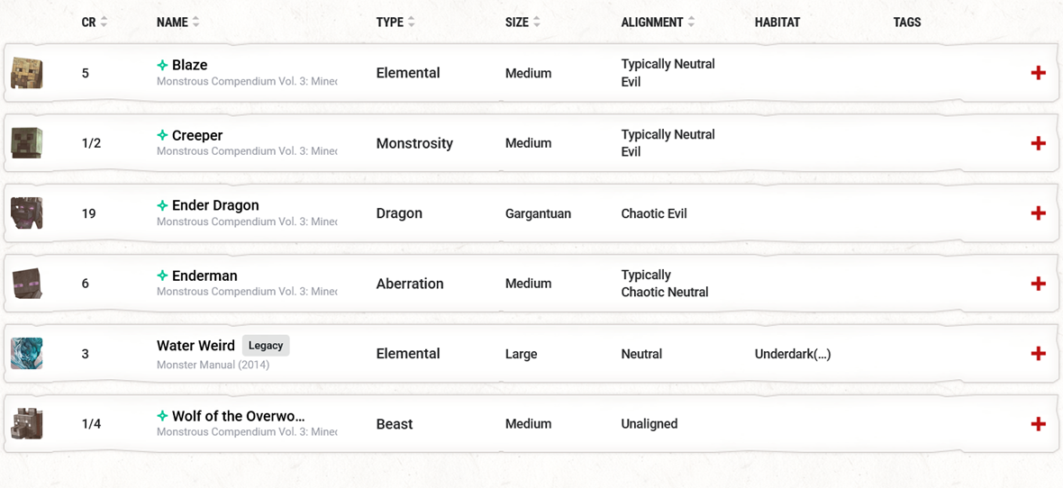 A screenshot of the Monsters page, showing official monsters that have been tagged as being from the Minecraft source. The monsters visible are the Blaze,the Creeper, the Ender Dragon, the Enderman, the Legacy Water Weird, and the Wolf from the Overworld.